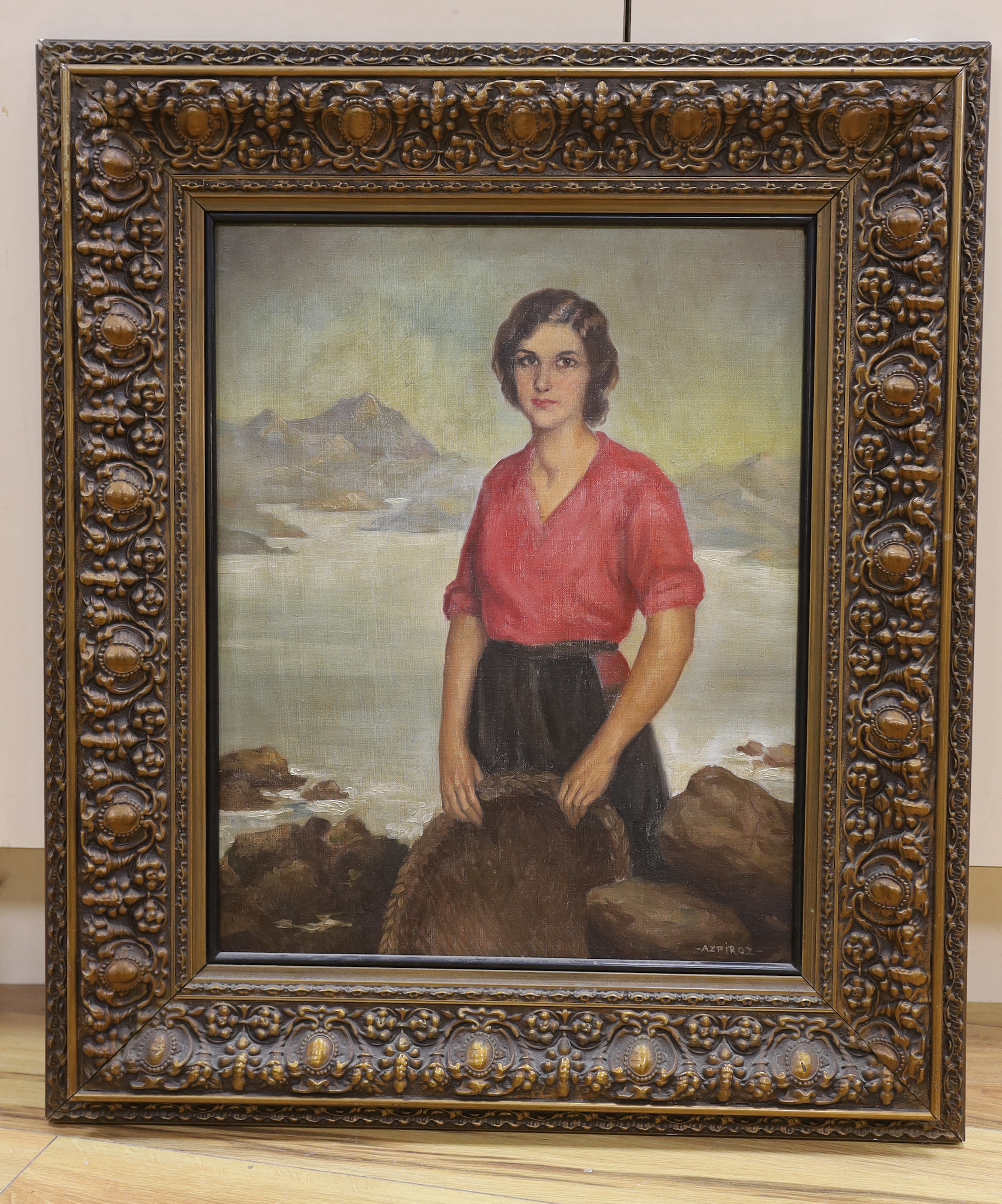 Azpiroz, oil on canvas, Study of a lady before a mountainous river landscape, signed, 48 x 38cm